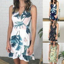 Sexy V-neck Ruffle Hem Sleeveless Rrinted Dress
