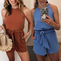 Fashion Solid Color Sleeveless Round Neck Romper 