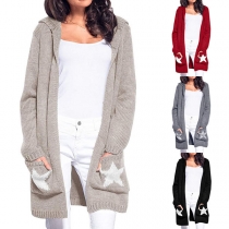 Fashion Pentagram Pattern Long Sleeve Hooded Knit Cardigan 