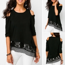 Sexy Off-shoulder Half Sleeve Gauze Spliced Hem T-shirt 