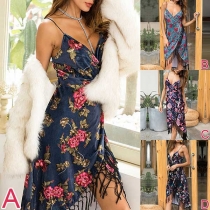 Sexy Backless V-neck Irregular Tassel Hem Printed Sling Dress