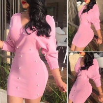 Fashion Solid Color Dolman Sleeve V-neck Beaded Dress