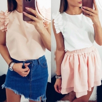 Fashion Solid Color Sleeveless Round Neck Ruffle Top