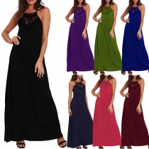 Fashion Solid Color High Waist Lace Spliced Sling Dress