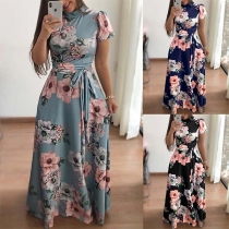Fashion Short Sleeve Mock Neck High Waist Printed Maxi Length
