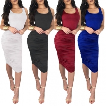 Elegant Solid Color Sleeveless Round Neck Tight Dress