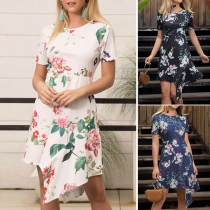 Fresh Style Short Sleeve Round Neck Irregular Hem Printed Dress