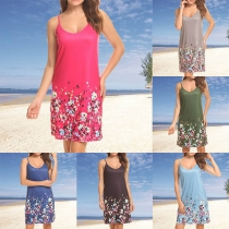 Sexy Backless V-neck Printed Hem Sling Dress