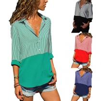 Fashion Long Sleeve Contrast Color Striped Blouse