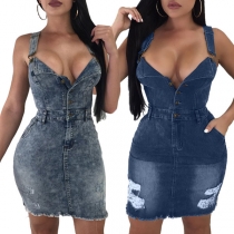 Sexy Deep V-neck Sleeveless Slim Fit Over-hip Denim Bodycon