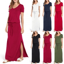 Fashion Solid Color Short Sleeve Round Neck Slit Hem Maxi Dress