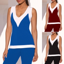Fashion Contrast Color Sleeveless V-neck Slim Fit T-shirt 