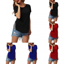 Fashion Short Sleeve Round Neck Striped Spliced T-shirt