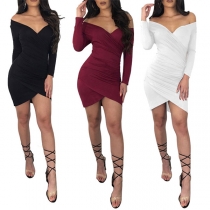 Fashion Deep V-neck Solid Color Long Sleeve Twisting Irregular Hemline Dress