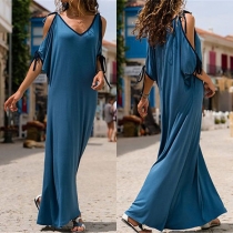 Fashion Deep V-neck Contrast Color Off-shoulder Short Sleeve Long Dress