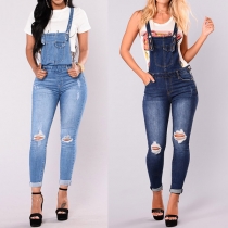 Mode Enfärgade Slim Fit Hängseljeans med Rippade Detaljer och Fickor