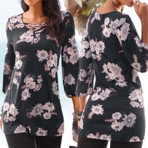 Fashion 3/4 Sleeve V-neck Printed T-shirt 