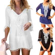 Fashion Half Sleeve V-neck Lace Spliced Chiffon Dress