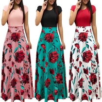 Fashion Contrast Color Round-neck Short Sleeve Slim Fit Pleated Dress