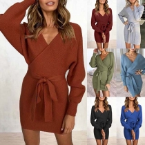 Sexy V-neck Dolman Sleeve Solid Color Slim Fit Knit Dress
