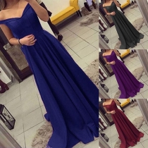 Fashion Sling Deep V-neck Sleeveless Solid Color Pleated Hem Long Party Dress