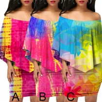 Fashion Boat-neck Backless Off-shoulder Colors Lotus Spliced Top + Over-hip Dress Set