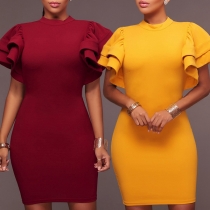 Fashion Solid Color Mock Neck Short Sleeve Hollow Out Over-hip Dress