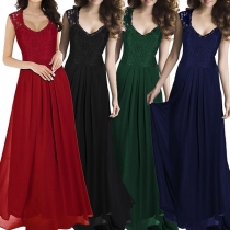 Elegant Solid Color Sleeveless V-neck Lace Spliced Party Dress