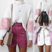 Fashion High Waist Solid Color Side Pockets Zippers PU Over-hip Dress