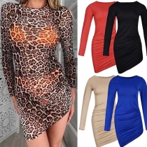 Fashion Long Sleeve Round Neck Irregular Hem Tight Dress