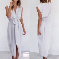 Sexy Deep V-neck Slit Hem Sleeveless Solid Color Party Dress