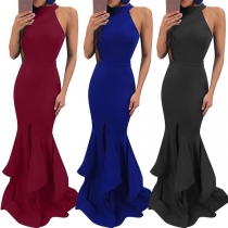 Sexy Off-shoulder Slit Fishtail Hem Solid Color Halter Dress