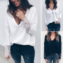 Fashion Lace Spliced Long Sleeve V-neck Solid Color T-shirt 