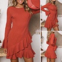 Fashion Solid Color Trumpet Sleeve Ruffle Hem Dress