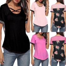 Fashion Printed Spliced Short Sleeve Round Neck T-shirt 