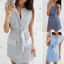 OL Style Sleeveless V-neck Slim Fit Striped Dress