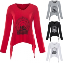 Fashion Long Sleeve V-neck Irregular Hem Printed T-shirt 