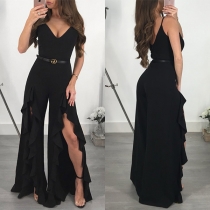 Sexy Backless V-neck Slit Ruffle Hem High Waist Sling Jumpsuit