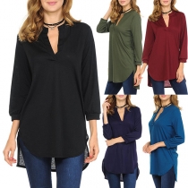 Fashion Solid Color 3/4 Sleeve V-neck High-low Hem T-shirt
