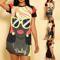 Fashion Short Sleeve Round Neck Slim Fit Printed T-shirt Dress
