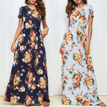 Bohemian Style Short Sleeve Round Neck Printed Maxi Dress