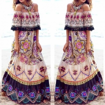 Bohemian Style Off-shoulder Boat Neck Printed Sling Dress