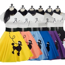 Fashion Contrast Color Short Sleeve Round Neck Printed Dress with Scarf