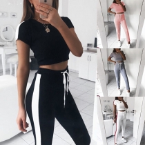 Fahsion Contrast Color Short Sleeve Crop Top + Leggings Two-piece Set