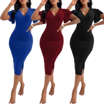 OL Style Short Sleeve V-neck Solid Color Slim Fit Pencil Dress