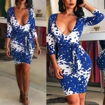 Sexy Deep V-neck 3/4 Sleeve Slim Fit Printed Dress