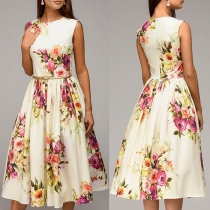 Fashion Sleeveless Round Neck High Waist Printed Dress