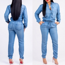 Mode Långärmad Slim Fit Denim Jumpsuit med Hög Midja
