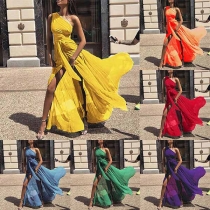 Sexy One-shoulder Slit Hem Sleeveless Solid Color Chiffon Dress