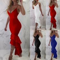 Fashion Deep V-neck Sleeveless Over-hip Lotus Spliced Dress